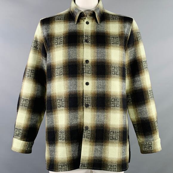 GIVENCHY Size L Green Black Plaid Monogram Wool Long Sleeve Shirt Jacket - Picture 1 of 6
